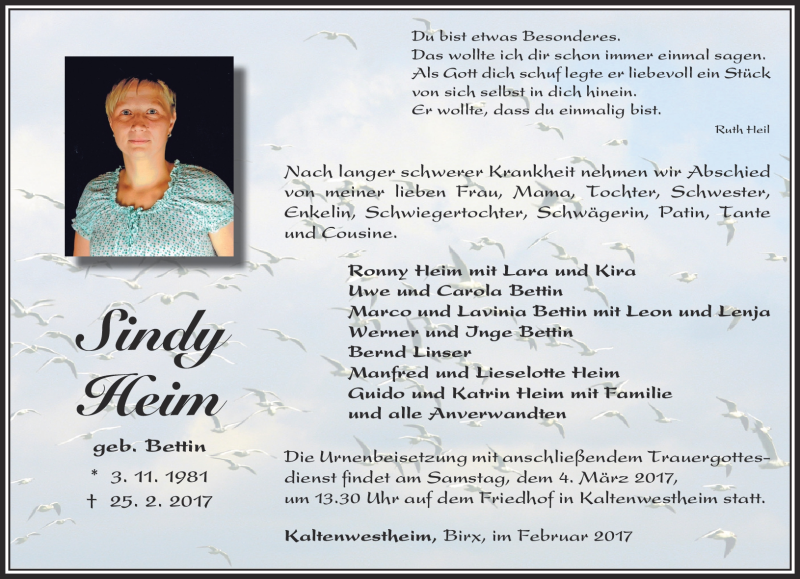  Traueranzeige für Sindy Heim vom 01.03.2017 aus Südthüringer Presse