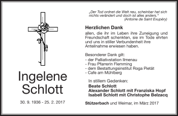 Traueranzeige von Ingelene Schlott von Südthüringer Presse