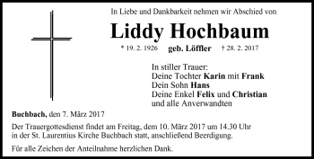 Traueranzeige von Liddy Hochbaum von Neue Presse Coburg