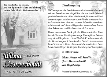 Traueranzeige von Wilma Messerschmidt von Südthüringer Presse