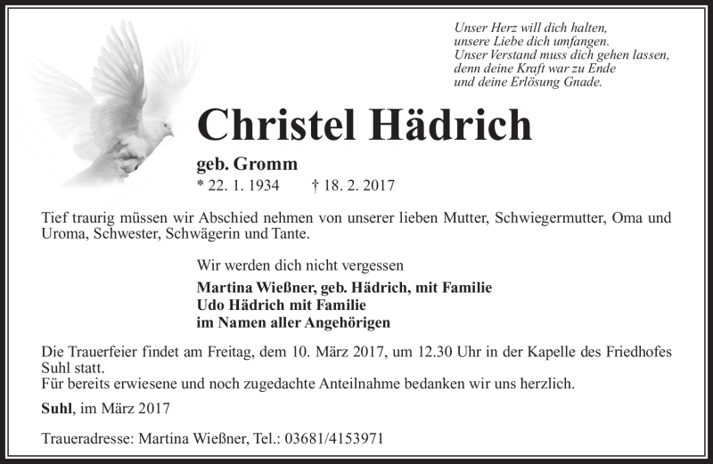  Traueranzeige für Christel Hädrich vom 04.03.2017 aus Südthüringer Presse