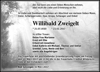 Traueranzeige von Willibald Zweigelt von Südthüringer Presse