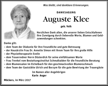 Traueranzeige von Auguste Klee von Südthüringer Presse