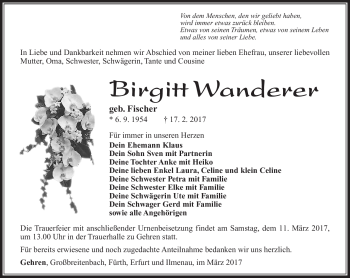 Traueranzeige von Birgitt Wanderer von Südthüringer Presse