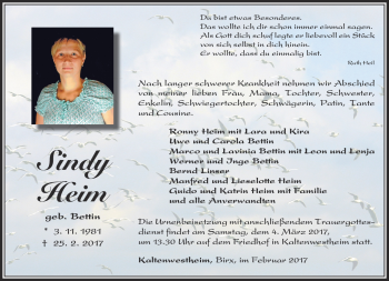 Traueranzeige von Sindy Heim von Südthüringer Presse