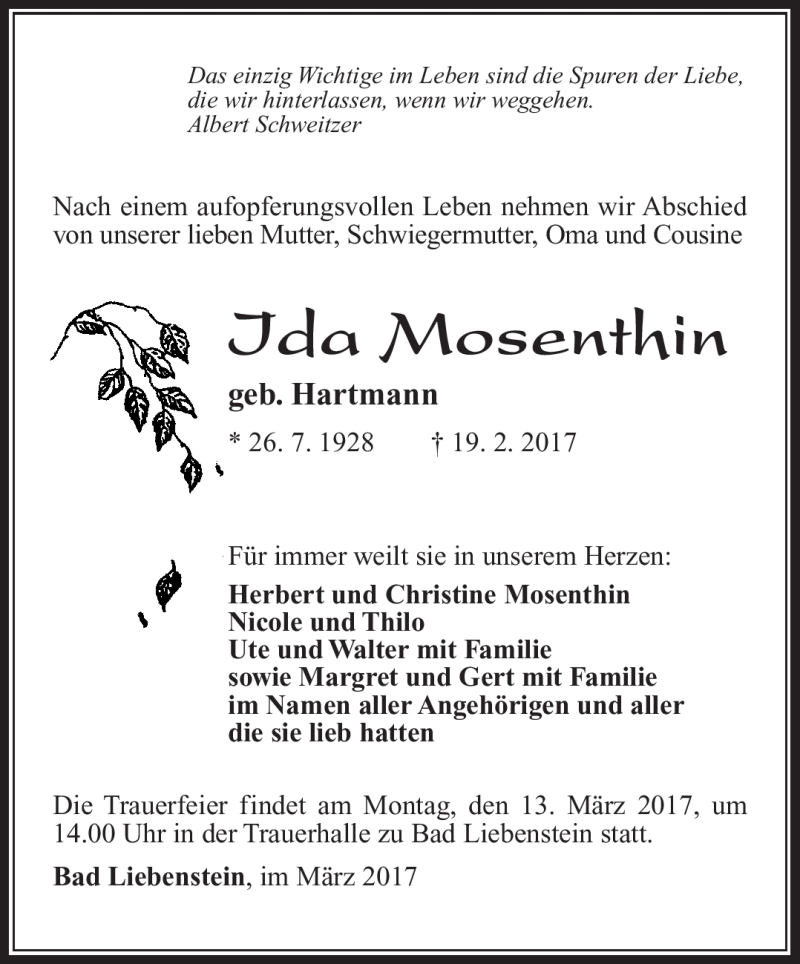  Traueranzeige für Ida Mosenthin vom 04.03.2017 aus Südthüringer Presse