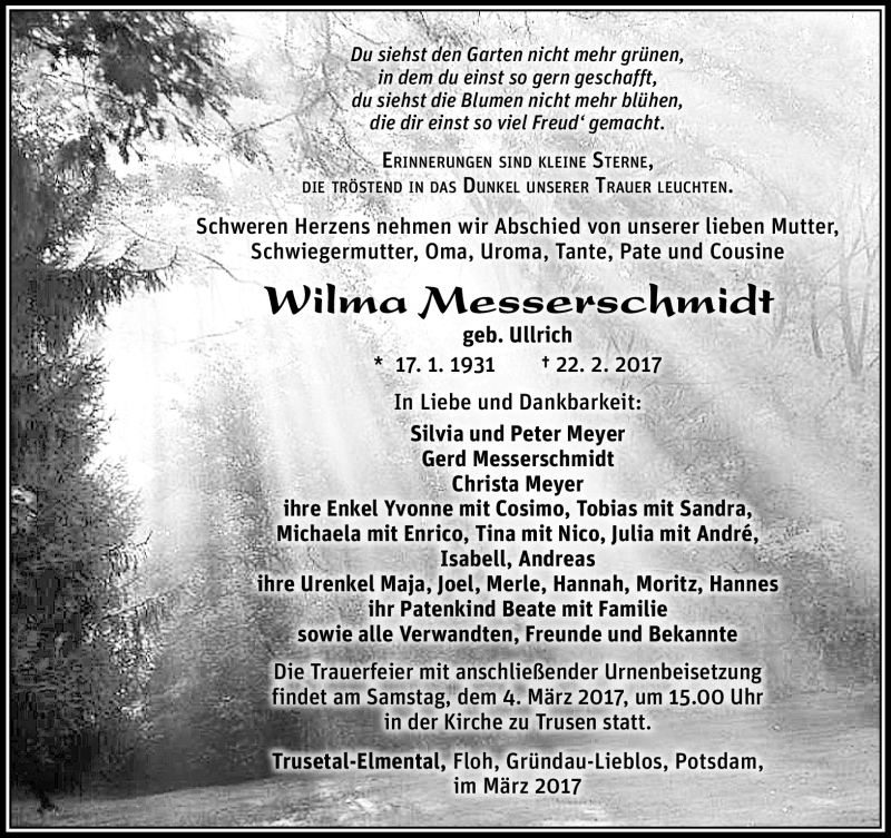  Traueranzeige für Wilma Messerschmidt vom 01.03.2017 aus Südthüringer Presse