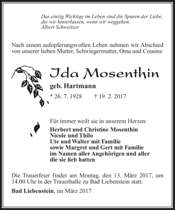 Traueranzeige von Ida Mosenthin von Südthüringer Presse