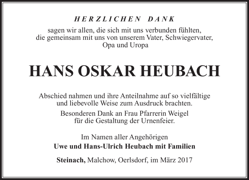  Traueranzeige für Hans Oskar Heubach vom 25.03.2017 aus Südthüringer Presse