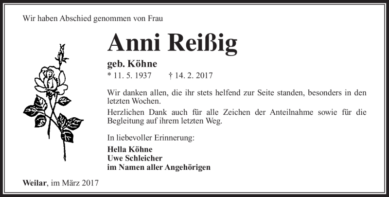  Traueranzeige für Anni Reißig vom 08.03.2017 aus Südthüringer Presse