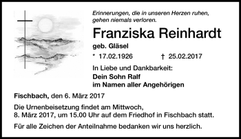 Traueranzeige von Franziska Reinhardt von Neue Presse Coburg