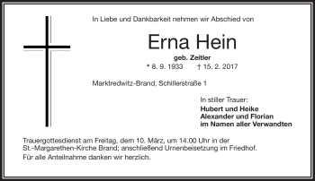 Traueranzeige von Erna Hein von Frankenpost