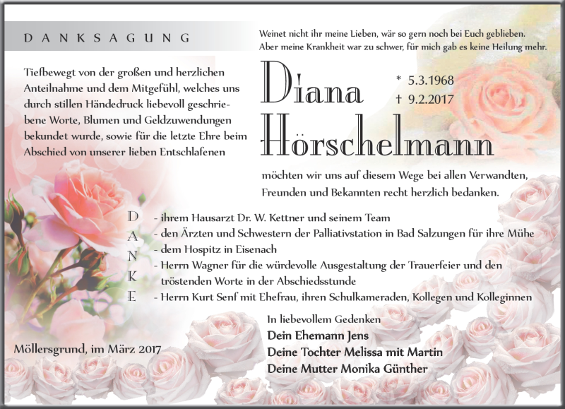  Traueranzeige für Diana Hörschelmann vom 11.03.2017 aus Südthüringer Presse