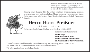 Traueranzeige von Horst Preißner von Frankenpost