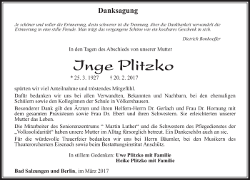 Traueranzeige von Inge Plitzko von Südthüringer Presse