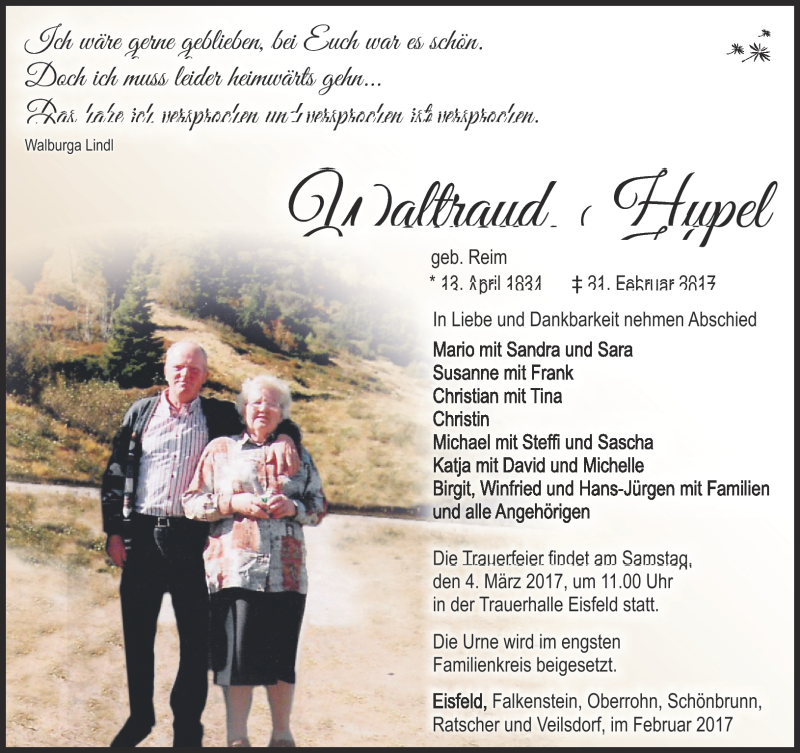  Traueranzeige für Waltraud Hupel vom 25.02.2017 aus Südthüringer Presse