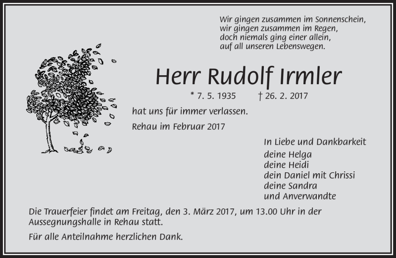  Traueranzeige für Rudolf Irmler vom 02.03.2017 aus Frankenpost