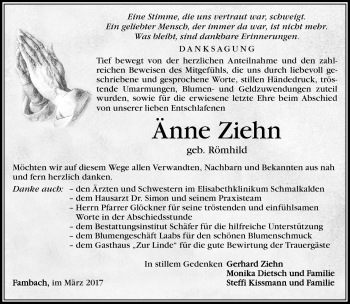 Traueranzeige von Änne Ziehn von Südthüringer Presse