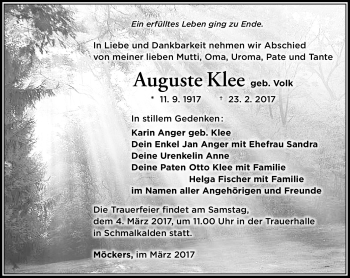 Traueranzeige von Auguste Klee von Südthüringer Presse