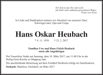 Traueranzeige von Hans Oskar Heubach von Südthüringer Presse