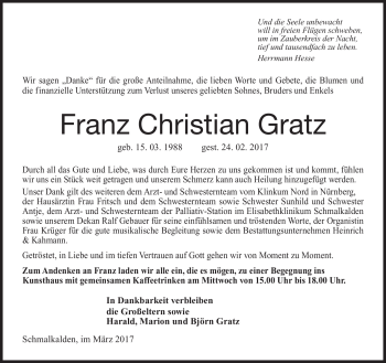 Traueranzeige von Franz Christian Gratz von Südthüringer Presse