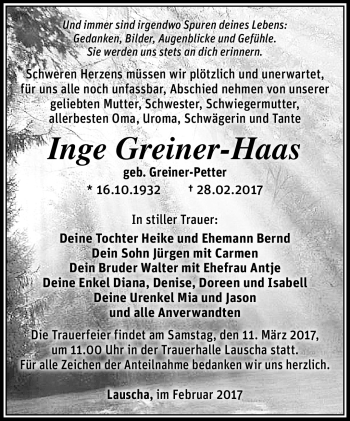 Traueranzeige von Inge Greiner-Haas von Südthüringer Presse