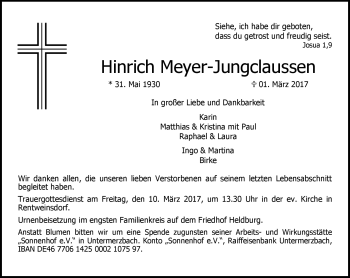 Traueranzeige von Hinrich Meyer-Jungclaussen von Neue Presse Coburg