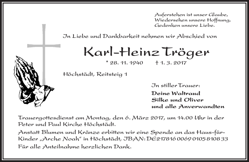  Traueranzeige für Karl-Heinz Tröger vom 04.03.2017 aus Frankenpost