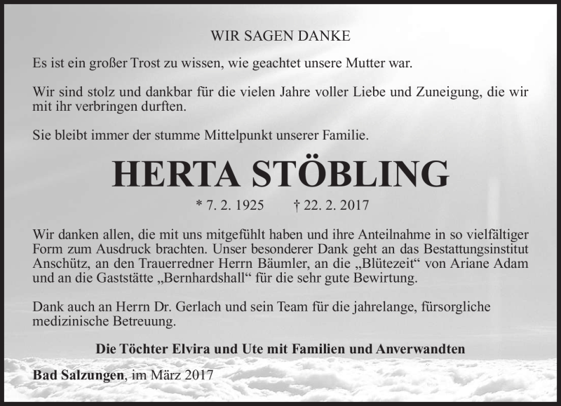  Traueranzeige für Herta Stöbling vom 25.03.2017 aus Südthüringer Presse