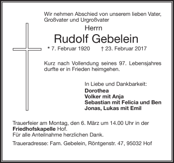 Traueranzeige von Rudolf Gebelein von Frankenpost