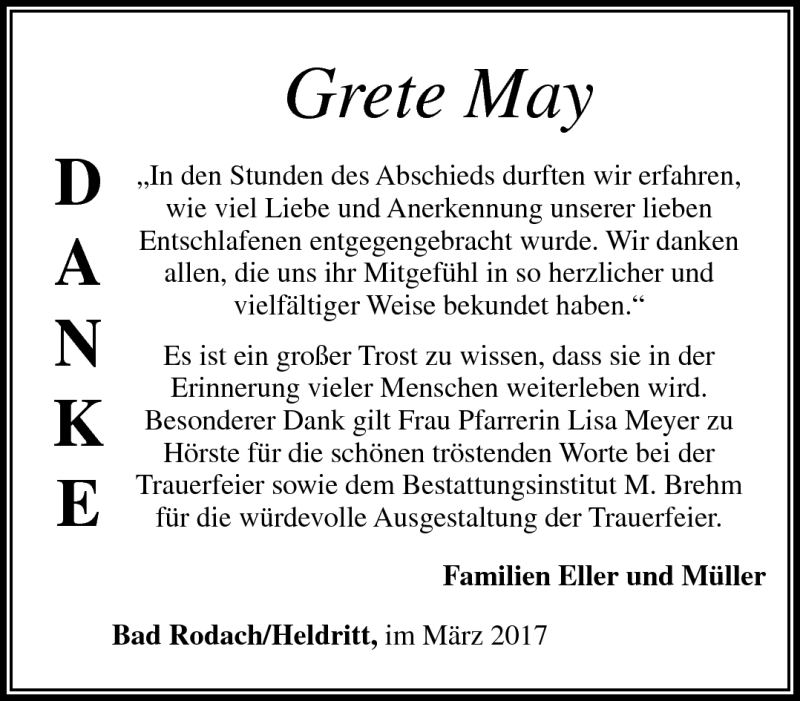  Traueranzeige für Grete May vom 25.03.2017 aus Neue Presse Coburg