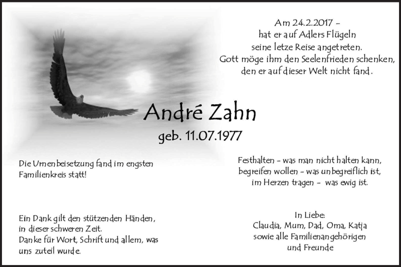  Traueranzeige für André Zahn vom 17.03.2017 aus Frankenpost