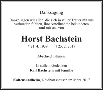 Traueranzeige von Horst Bachstein von Südthüringer Presse