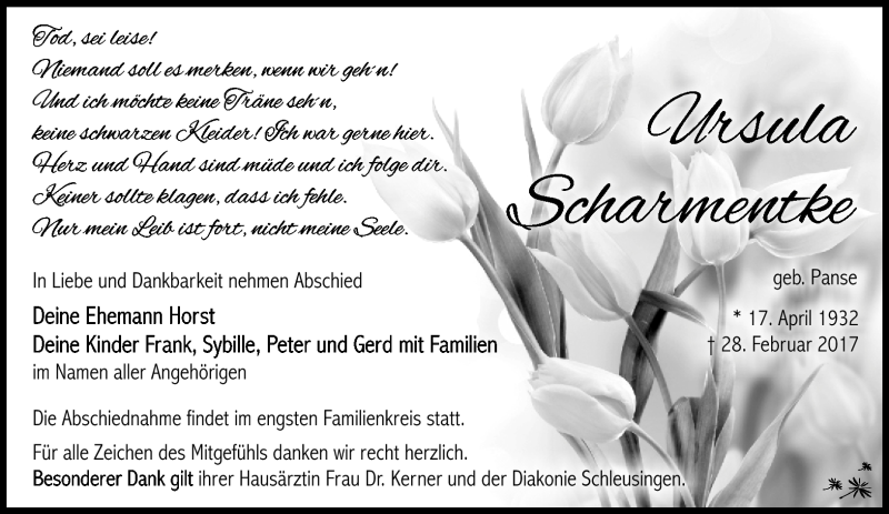  Traueranzeige für Ursul Scharmentke vom 04.03.2017 aus Südthüringer Presse