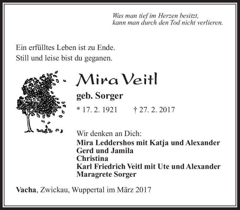  Traueranzeige für Mira Veitl vom 23.03.2017 aus Südthüringer Presse