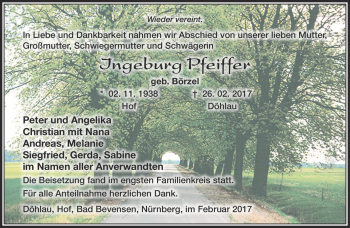 Traueranzeige von Ingeburg Pfeiffer von Frankenpost