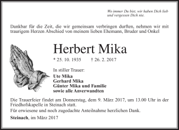 Traueranzeige von Herbert Mika von Südthüringer Presse