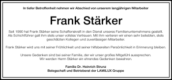 Traueranzeige von Frank Stärker von Frankenpost