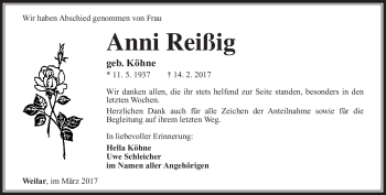 Traueranzeige von Anni Reißig von Südthüringer Presse