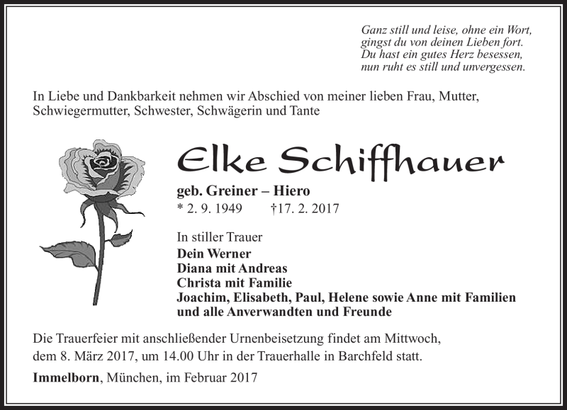  Traueranzeige für Elke Schiffhauer vom 02.03.2017 aus Südthüringer Presse