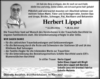 Traueranzeige von Herbert Lippel von Südthüringer Presse