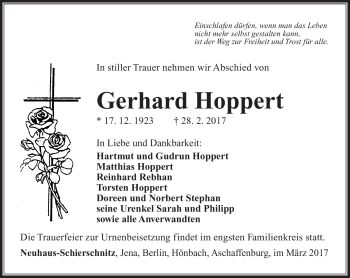 Traueranzeige von Gerhard Hoppert von Südthüringer Presse