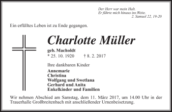 Traueranzeige von Charlotte Müller von Südthüringer Presse