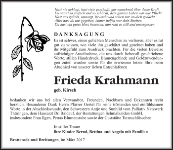 Traueranzeige von Frieda Krahmann von Südthüringer Presse