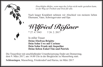 Traueranzeige von Wilfried Rößner von Südthüringer Presse