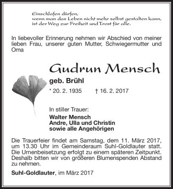 Traueranzeige von Gudrun Mensch von Südthüringer Presse