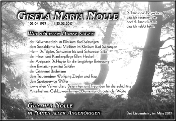Traueranzeige von Gisela Maria Nolle von Südthüringer Presse
