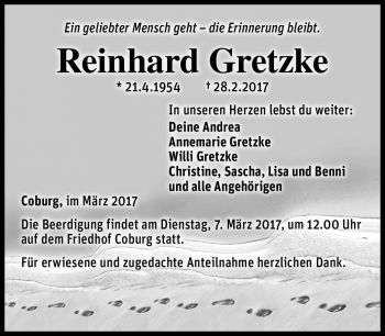 Traueranzeige von Reinhard Gretzke von Neue Presse Coburg