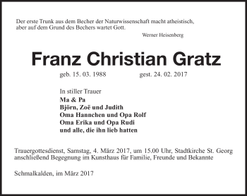 Traueranzeige von Franz Christian Gratz von Südthüringer Presse