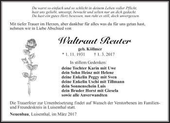 Traueranzeige von Waltraut Reuter von Südthüringer Presse